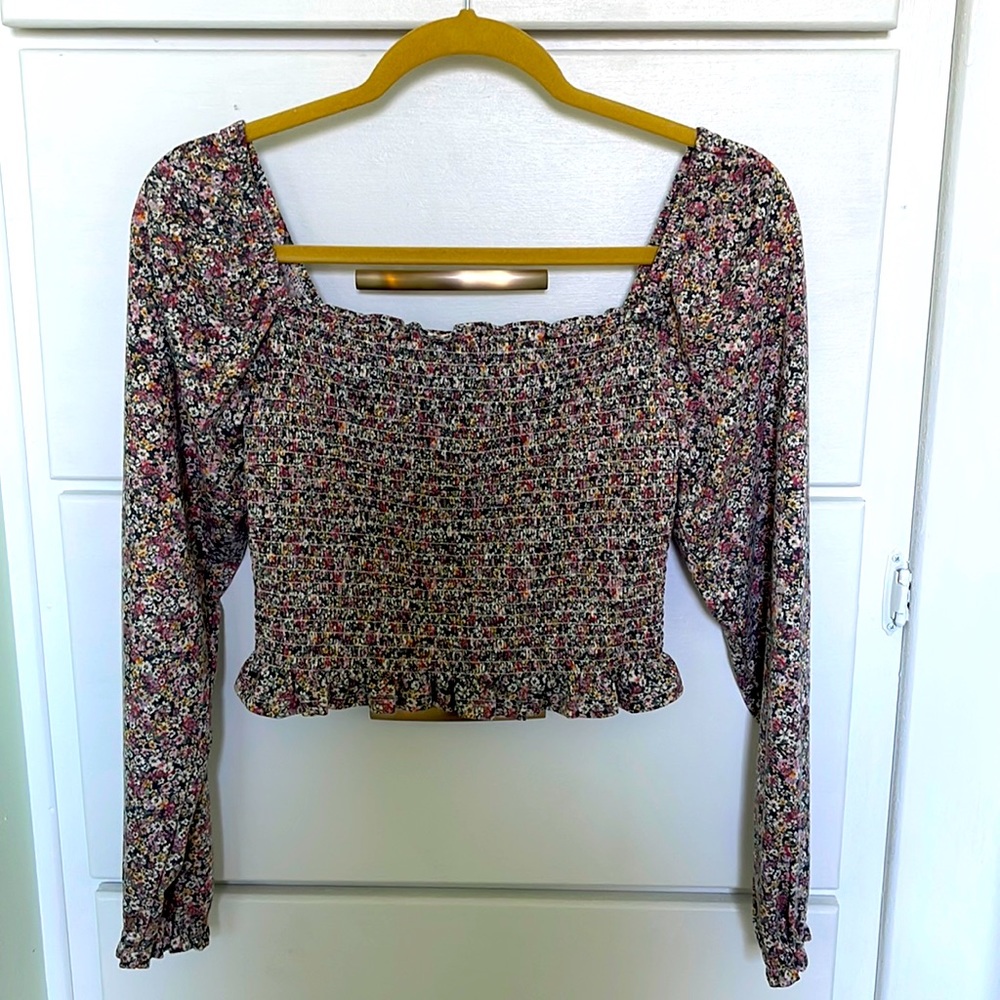 Juniors Smocked Long Sleeve Floral Top